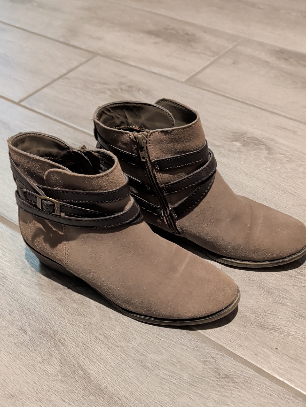White Mountain Taupe Suede Ankle Booties with Wrap Straps